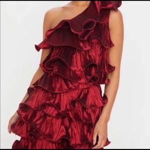 Burgundy One Shoulder Tiered Frill Shift Dress
